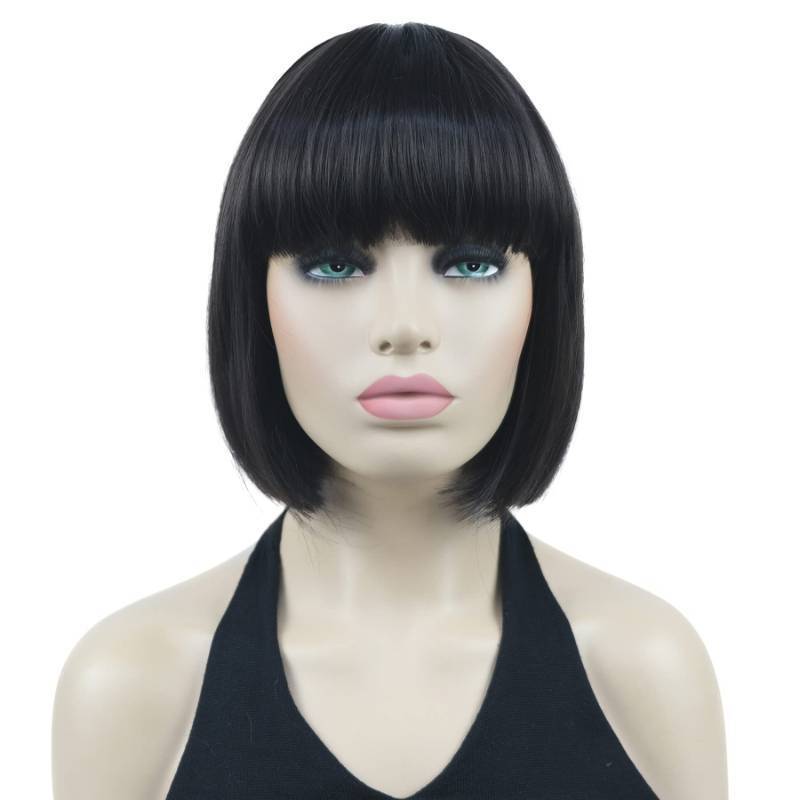 lot 2126 image: Lydell 8 Straight Short Bob Hair Flat Bangs Cute Central Dot Skin Top Heat Resistant Synthetic Wigs (4 Dark Brown) -&nbsp