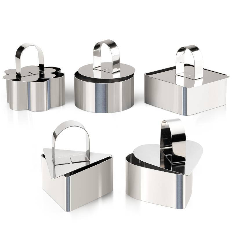 lot 2071 image: HULISEN Set of 5 Cake Ring Mold, Stainless Steel 3 inch Round Dessert Mousse Mold with Pusher & Lifter Cooking Rings, Tuna Tartare Mold (Include 5 Rings and 5 Pusher) Retail $19.99