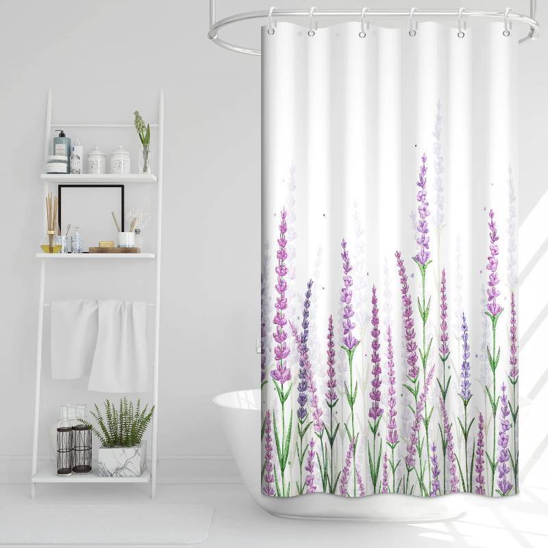 lot 2062 image: Ruelvth Stall Shower Curtain, Purple Lavender Shower Curtain for Bathroom Waterproof Fabric Spring Plants Floral RV Shower Curtain Set with Hooks, 36x72 Inch Retail $16.99