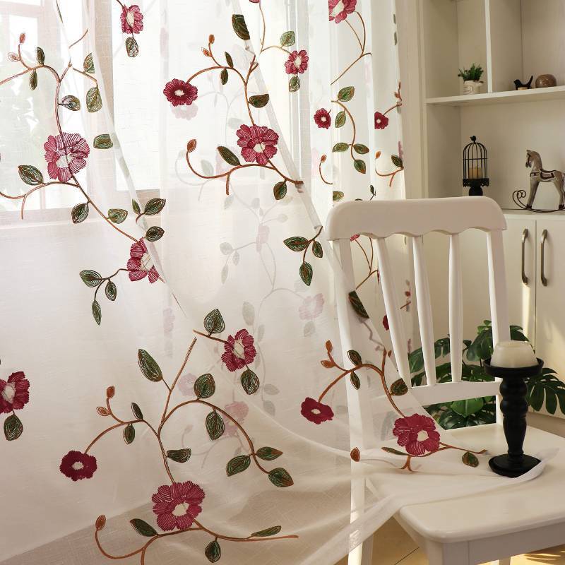 lot 2076 image: 2 Panels Violet Red Flowers Leaves Sheer Curtain Embroidered Window Curtains Gorgeous Drapes for Living Room Bedroom with Rod Pocket 52W X 84L inch Retail $40.00