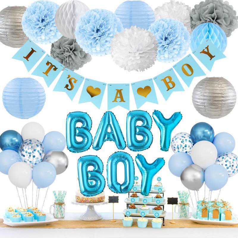 lot 2088 image: Ouddy Party Blue Baby Shower Decorations with Its a Boy Banner, Baby Boy Letter Metallic Blue Gray Silver Balloon Paper Pom Poms Honeycomb Ball for Baby Shower Gender Reveal Party Supplies Retail $19.99