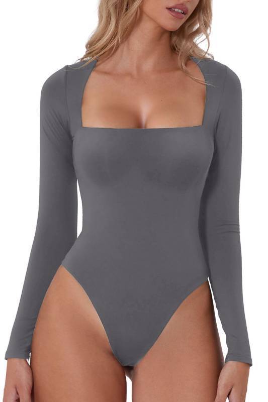 lot 2121 image: QINSEN Tummy Ontrol Bodysuit for Women Square Neck High Cut T Shirt Long Sleeve Tops Dark Grey S Retail $28.99
