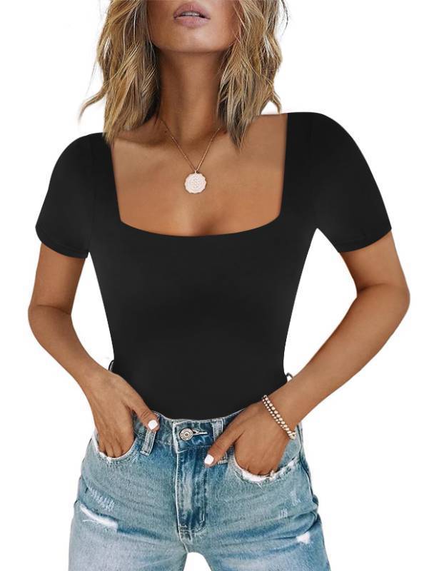 lot 2129 image: Chunpin Womens Sexy Square Neck Short Sleeve Bodysuit Tops Double Lined Slim Fitted Thong Body suit Black XXL Retail $19.99