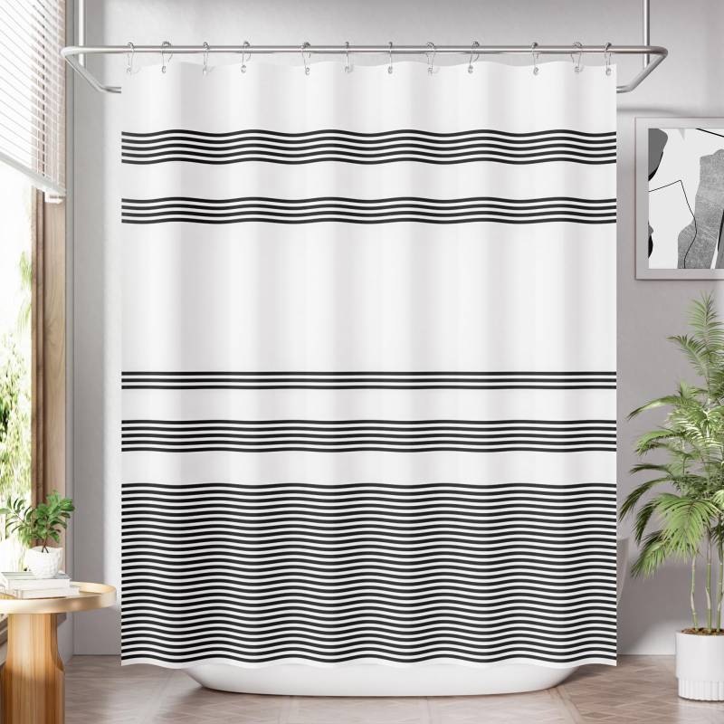 lot 2097 image: Long Shower Curtain, 72x78 Striped Black Fabric Shower Curtain Set with 12 Shower Curtain Hooks, Rustic Cloth Black and White Shower Curtain, Farmhouse Bathroom Shower Curtain Sets - Retail $20
