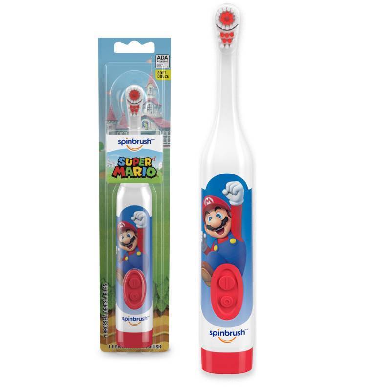 lot 2100 image: Spinbrush Super Mario Kid��s Electric Battery Toothbrush, Soft, 1 ct, Character May Vary - Retail $6