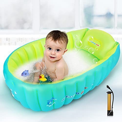 lot 2107 image: relaxing baby Inflatable Baby Bathtub, Newborn Baby Bathtub seat for Infant, Non-Slip Baby Pool for Sitting up, Portable Toddler tub Shower, Foldable Travel tub with Pool Toy &air Pump Accessories. Retail $27.78