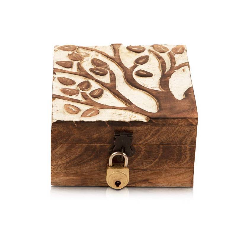 lot 2103 image: Handmade Decorative Wooden Jewelry Box With Tree Of Life Carving & Lock & Key Retail $16.65