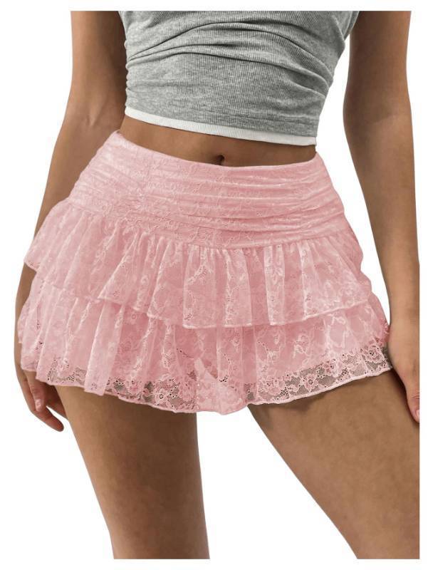 lot 2110 image: SHENHE Womens Y2k Lace Layered Mini Skirt Ruched A Line Cute Tiered Ruffle Skirt Pink Large Retail $25.99