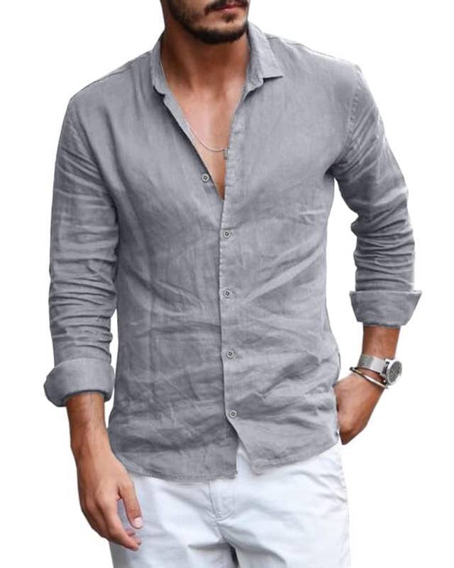 lot 2142 image: Mens Button Down Shirt Linen Cotton Shirts Casual Long Sleeve Spread Collar Lightweight Beach Plain Tops 01 Gray - Retail $27
