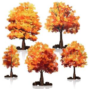 lot 2037 image: Wonderjune 5 Pieces Mini Fall Maple Tree 2D 5 Size Autumn Artificial Miniature Trees Flat Wooden Village Fall Decoration Thanksgiving Tabletop Centerpieces Set for Indoor Home Harvest Wedding Party - Retail $14