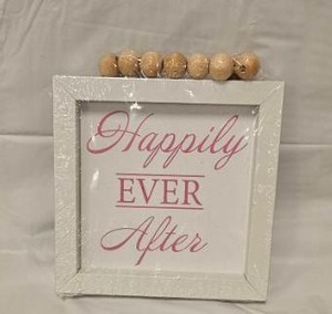 lot 110 image: Happily Ever After Framed Wall Decor Sign with Wood Beads&nbsp