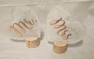 lot 116 image: Mr. &amp Mrs. Heart Wedding Table Signs with Wood Base&nbsp