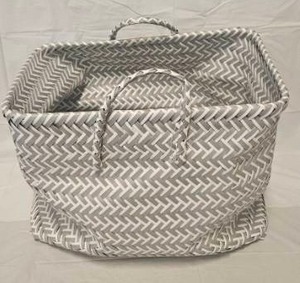 lot 175 image: Large Gray and White Woven Storage Basket with Handles