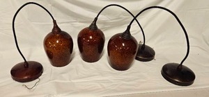 lot 186 image: Set of 3 Amber Spotted Glass Pendant Lights with Bronze Hardware&nbsp
