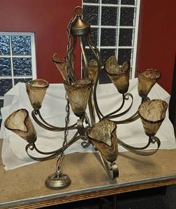 lot 189 image: Wrought Iron Chandelier with Art Glass Shades - Retail $400