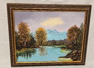 lot 198 image: Framed Oil Painting Mountain Lake Landscape by B. Johnson (Nebraska Artist)&nbsp