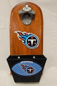 lot 220 image: Tennessee Titans Wall-Mount Bottle Opener with Cap Catcher and Button Pin&nbsp