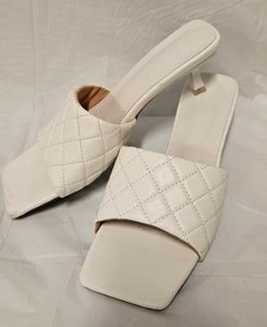 lot 230 image: White Quilted Square Toe Kitten Heel Mule Slides&nbsp