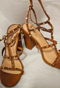 lot 236 image: Tan Studded Strappy Block Heel Sandals&nbsp