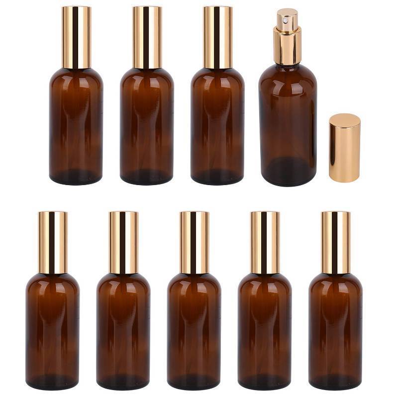 lot 1074 image: Foraineam 9 Pack 100ml  3.4 oz. Amber Glass Spray Bottle with Atomizer, Fine Mist Spray, Refillable Container for Perfume, Cleaning Products, Essential Oils&nbsp