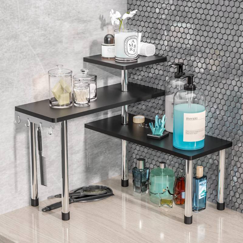 lot 1104 image: Bathroom Counter Organizer Corner Shelf Bamboo 3 Tier Black Retail $26.59