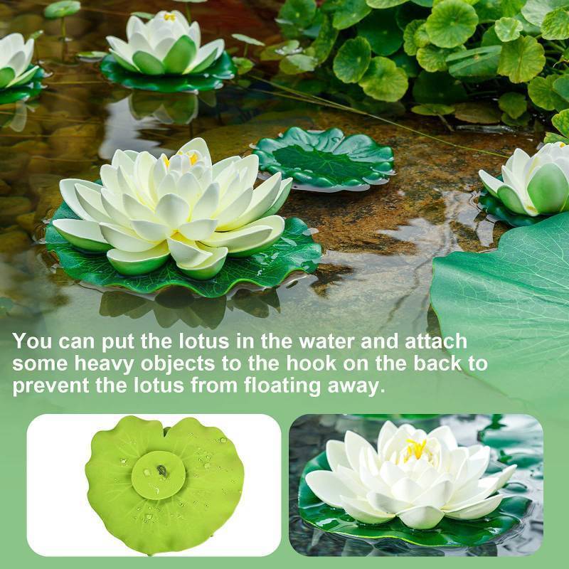lot 1110 image: WhistenFla 13Pcs Artificial Floating Pool Flowers, 7in & 4in Fake Water Lily Pads Flowers, Lotus Flower Floating Pool Decorations Retail $28.77