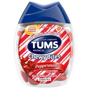 lot 1025 image: Tums Chewy Bites Peppermint Extra Strength Chewable Antacid for Heartburn - 60ct - Retail $12