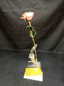 lot 1029 image: 24K Gold Dipped Real Pink Rose with Crystal Stand - Retail $35
