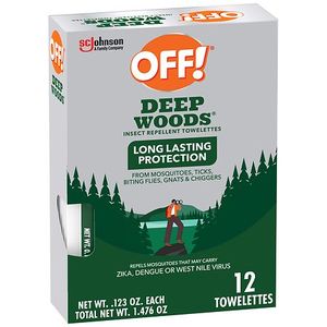 lot 1052 image: OFF Deep Woods Insect & Mosquito Repellent Wipes 25% DEET - 12ct - Retail $11