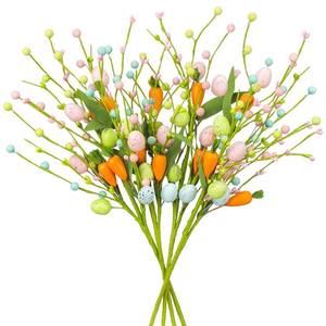 lot 1122 image: LikSoor Artificial Easter Stems Spring Colorful Eggs Berry and Carrot Picks Stems Easter Decor for Floral Arrangement Easter Home Vase Table Centerpieces - Retail $19