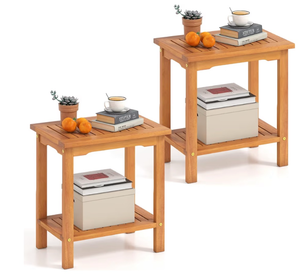lot 3091 image: Tangkula Outdoor Side Table, 2-Tier Patio End Table with Slatted Tabletop & Storage Shelf, Acacia Wood Accent Bistro Table for Backyard, Poolside, Garden, Indoor, Natural (2) - Retail $80