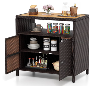 Tangkula Rattan Outdoor Storage Cabinet, Patiojoy Outdoor Cabinet with Acacia Wood Countertop, Open Compartment, 2-Door Wicker Sideboard, Outdoor Bar for Patio Garden Backyard Poolside (Mix Brown) - Retail: $140