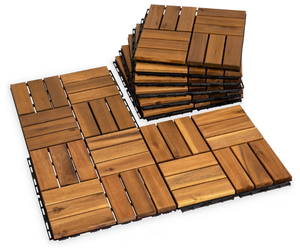lot 3095 image: Natural Acacia 12x12 Interlocking Wood Deck Tiles for Balcony, Garden, Patio, Poolside Decor - Waterproof Indoor & Outdoor Flooring - 12 Slats, Square Joints, Pack 27, Natural Color - Retail $104