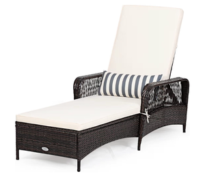 COSTWAY PE Rattan Chaise Lounge Chair, 6 Gear Adjustable Recliner with Armrest & Pillow, Wicker Outdoor Furniture for Deck, Patio (1, Brown) - Retail: $165