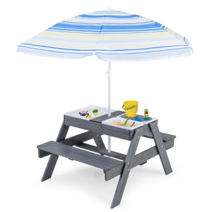 lot 3099 image: HONEY JOY Kids Picnic Table, 4 in 1 Cedar Wooden Sand & Water Table w 3 Removable Box & Umbrella, Kids Picnic Tables for Outdoors Backyard Garden, Toddler Patio Furniture Set for Boys Girls(Walnut)(ACTUAL COLOR IS WALNUT) - Retail $93