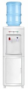 lot 3486 image: COSTWAY Water Cooler Dispenser for 3-5 Gallon Bottle, Top Loading Hot and Cold Water Dispenser with Storage Cabinet, Child Lock, Water Cooler with Compression Refrigeration Technology, White - Retail $106