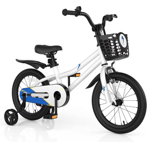 lot 3494 image: COSTWAY Kids Bike with Training Wheels, 12 14 16 18 20 Inch Toddler Bicycle for Boys & Girls Aged 3-8 Years Old, Handbrake and Coaster Brake, Removable Basket and Bell, Multiple Colors - Retail $96