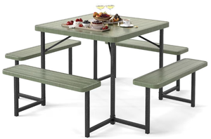Giantex Picnic Table Bench Set for 4-8 People, 34" Outdoor Square Dining Table & 2 Benches w/Umbrella Hole, HDPE Tabletop, Metal Frame, Patio Camping Furniture for Backyard Porch Lawn (Green,Square) - Retail: $150
