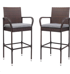 lot 3667 image: Outdoor Bar Stools Set of 2, All-Weather Wicker Outdoor Barstools with Cushion, Patio Bar Stools for Garden Pool Lawn Backyard (stock photo may not be exact, cushions are cream) - Retail $100
