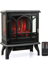 lot 3672 image: COSTWAY Electric Fireplace Stove with 3-Sided View, Remote Control, 1400W Portable Freestanding Heater with Thermostat, 3-Level Brightness, Timer, Overheat Protection, CSA Certification, Black - Retail $170
