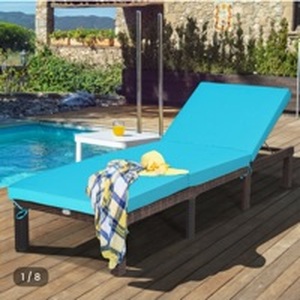 lot 3674 image: Costway Patio Wicker Chaise Lounger with Adjustable Backrest and Cushion - Retail $180
