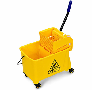lot 4025 image: Resenkose 21 Quart Mop Bucket Side Press Wringer on Wheels With Panel, Side Press Wringer Combo Commercial Cleaning Caddy Plastic - Retail $65