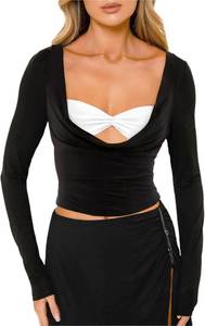 lot 4027 image: CSDAJIO Womens Sexy Draped Cowl Neck Long Sleeve Cut Out T Shirt Low Cut Fitted Top Ruched Going Out Shirts Black White Small - Retail $20