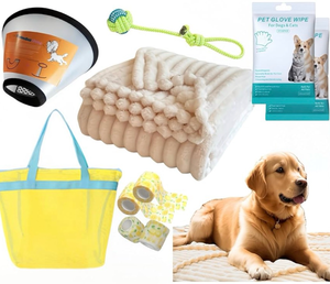 lot 4031 image: 10 Pcs Surgery Recovery Kit for Dogs, Adjustable Dog Cone &amp Fluffy Dog Blanket (40x48) Cleaning Wipes, Calming Toy, Bandages &amp Mesh Bag (yellow-L) - Retail $15