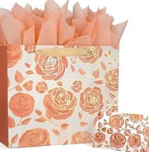 lot 4066 image: DecorWoo Rose Gold Large Gift Bag 13, Floral Gift Bag with Tissue Paper & Greeting Card, Elegant Birthday Gift Bags for Women, Bridal Shower, Mothers Day, Anniversary - Retail $8