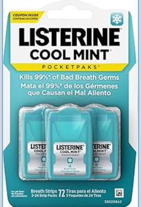 lot 4082 image: Listerine Travel Essentials Cool Mint PocketPaks Breath Strips, Travel Size Mini Mouthwash Breath Fresheners Party Favor Goodie Bag Strips Kill 99% of Bad Breath Germs, 3 Pack of 24 ct - Retail $7