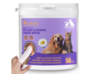 lot 4112 image: Ear Wipes for Dogs and Cats, Dog Ear Finger Wipes, Gentle Ear Cleaner for Wax, Dirt & Odor, Relieves Discomfort & Soothes Ears, Non-Irritating, 50 Count (stock photo may not be exact) - Retail $18