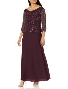 lot 4121 image: J Kara Womens Petite Petite 34 Scallop Beaded Pop Over Gown Dress, WineMulti, 6P - Retail $130