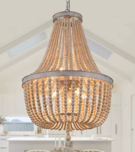 lot 4126 image: Q&S Farmhouse Wood Beaded Chandelier,Oak White 8-Lights Retro Vintage Antique Rustic Boho Pendant Light Fixture for Foyer Living Room Bedroom Kitchen Dining Room Office Nursery UL Listed - Retail $180