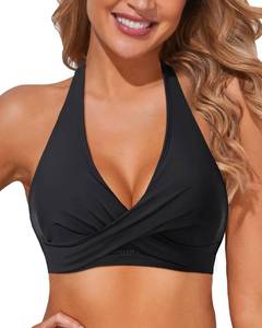 lot 4148 image: Holipick Black Women Halter Bikini Tops - Push Up Bathing Suit Top V Neck Full Coverage Swimsuit Top Only M - Retail $20